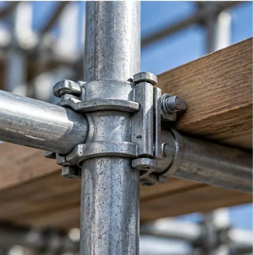 A close-up of a right-angle coupler clamping two galvanised tubes, with the edge of a scaffold board and its retaining clip just visible behind.