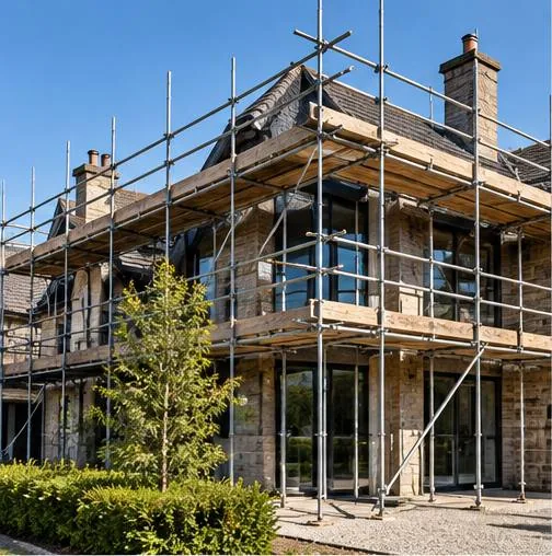 A tube-and-fitting scaffold wrapped around the gable and front elevation of a detached house, three lifts high with boards and guardrails on each, under a pale sky.