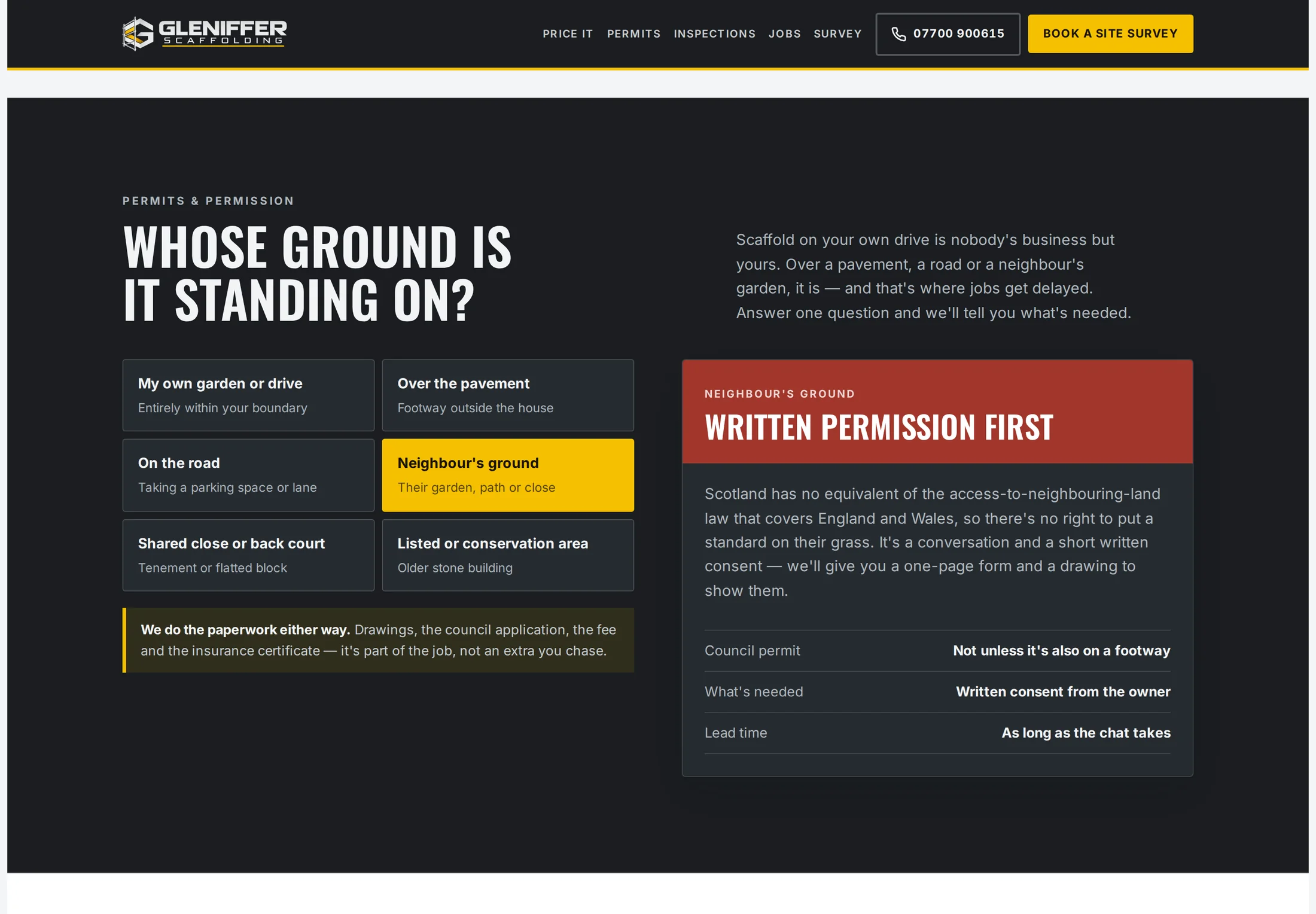 A scaffolding website designed by Central Systems, its navigation bar across the top, scrolled to a section headed whose ground is it standing on. Six options are listed &mdash; my own garden or drive, over the pavement, on the road, a neighbour&rsquo;s ground, a shared close or back court, and a listed or conservation area. The neighbour&rsquo;s ground option is selected, and the panel beside it returns written permission first, explaining that Scotland has no equivalent of the access-to-neighbouring-land law covering England and Wales, above three lines giving the council permit position, what is needed, and the lead time.