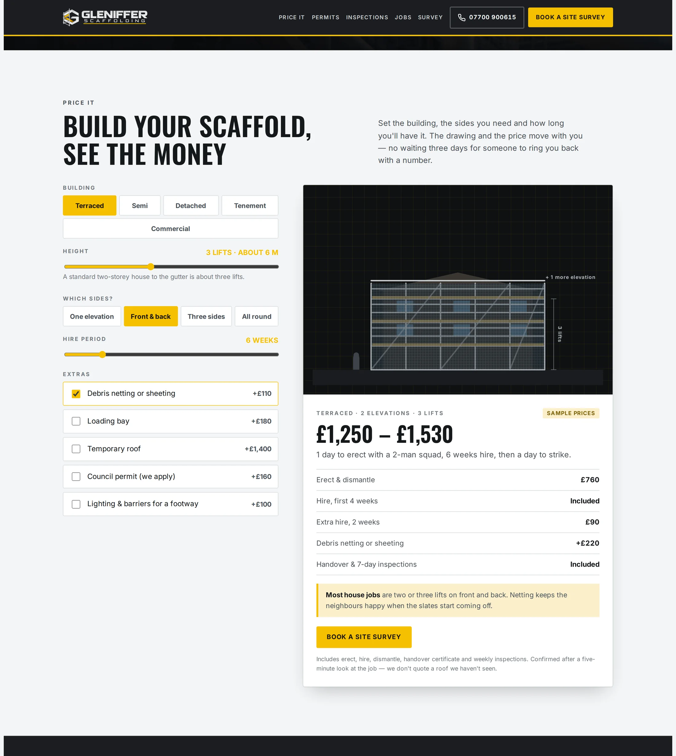 A scaffolding website designed by Central Systems, its navigation bar across the top, scrolled to a section where a visitor builds up a job &mdash; building type, height in lifts, which elevations, hire period, and extras such as debris netting, a loading bay or the council permit &mdash; while a line drawing of the scaffold redraws beside it. The panel below the drawing is labelled sample prices and splits the figure into erect and dismantle, the first four weeks of hire included, the cost of the extra weeks, the netting, and the handover and seven-day inspections.