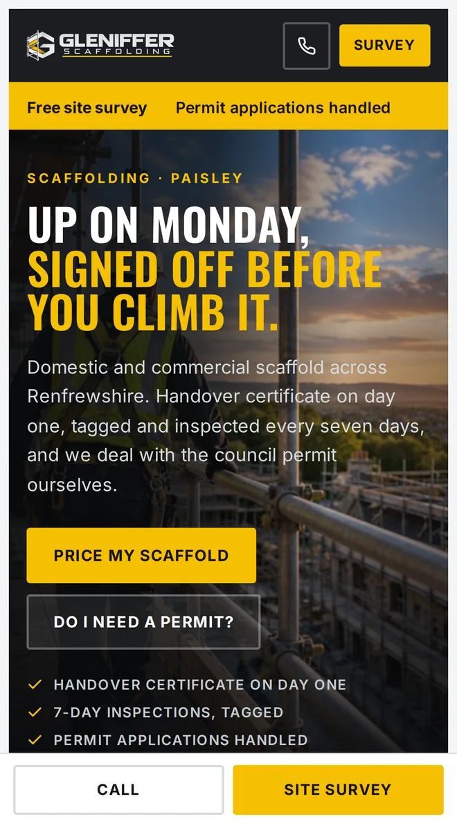 The same homepage on a phone. The header collapses to the firm name, a call icon and a survey button; the headline, the lede, the two buttons and the three ticked lines stack into a single readable column; and a fixed bar sits at the foot of the screen offering call and site survey.