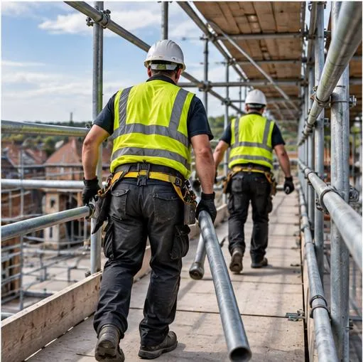 Two scaffolders on a boarded lift passing a length of tube between them, one braced against a standard with the ground several storeys below.