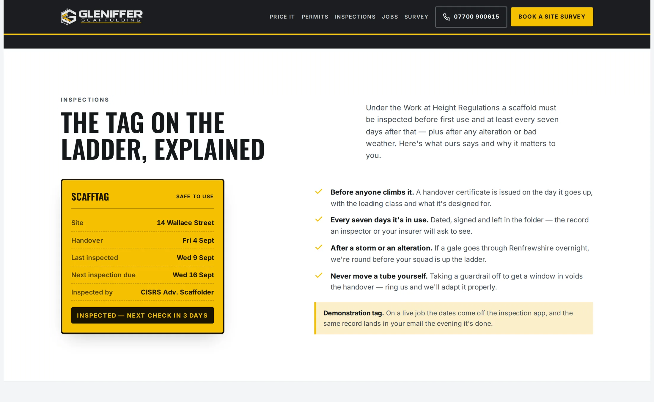 A scaffolding website designed by Central Systems, its navigation bar across the top, scrolled to a section showing a scaffold tag reproduced at readable size, headed safe to use, with rows for the site, the handover date, the last inspection, the next inspection due and who inspected it. Beside it four points set out when a scaffold is inspected and why a guardrail must never be moved, above a note marked demonstration tag explaining that on a live job the dates come off the inspection record.
