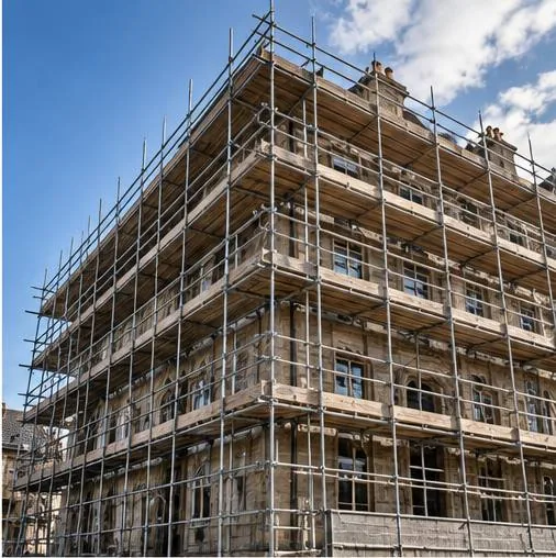 A large stone frontage carrying a full-height scaffold, boards and guardrails square on every lift and a ladder access bay running up one side.