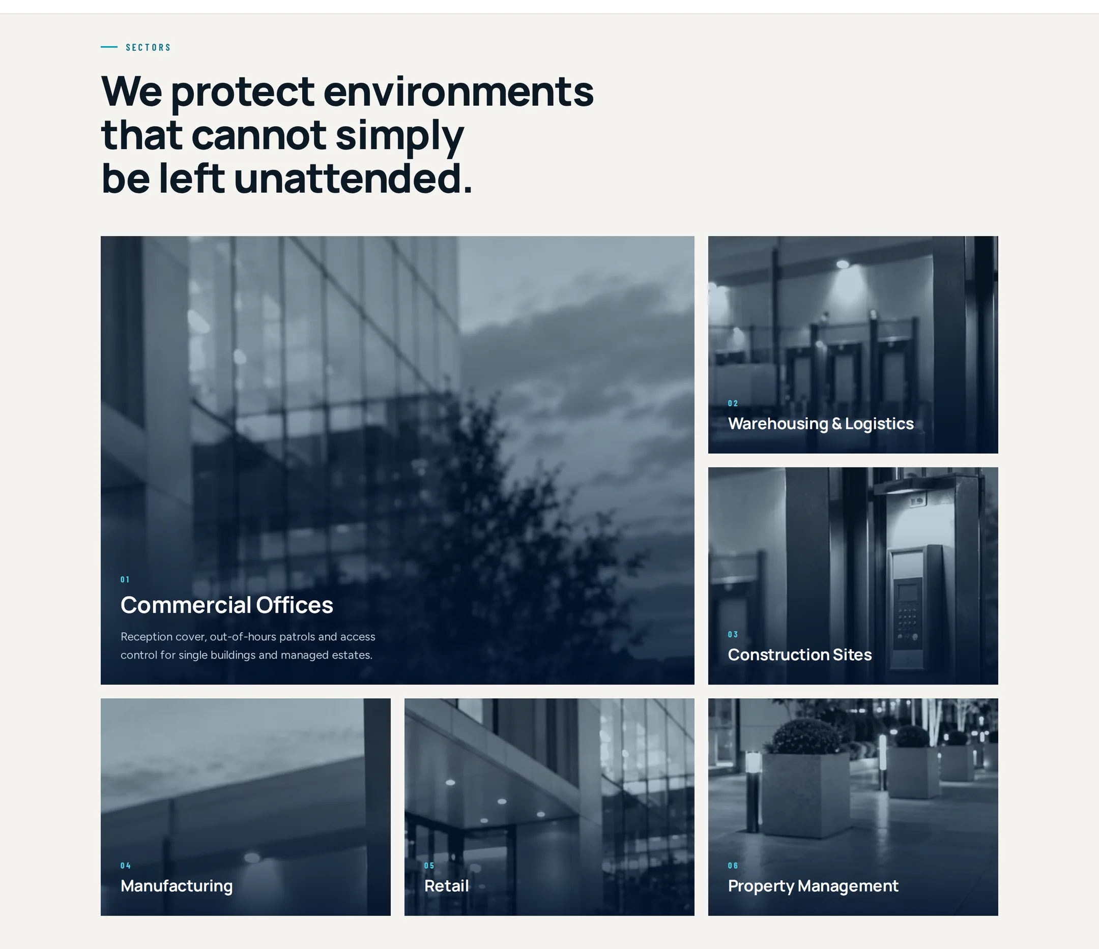 A sector section on the security website concept, with separate tiles for commercial premises, construction sites, warehousing, retail and industrial estates, each linking to its own page.