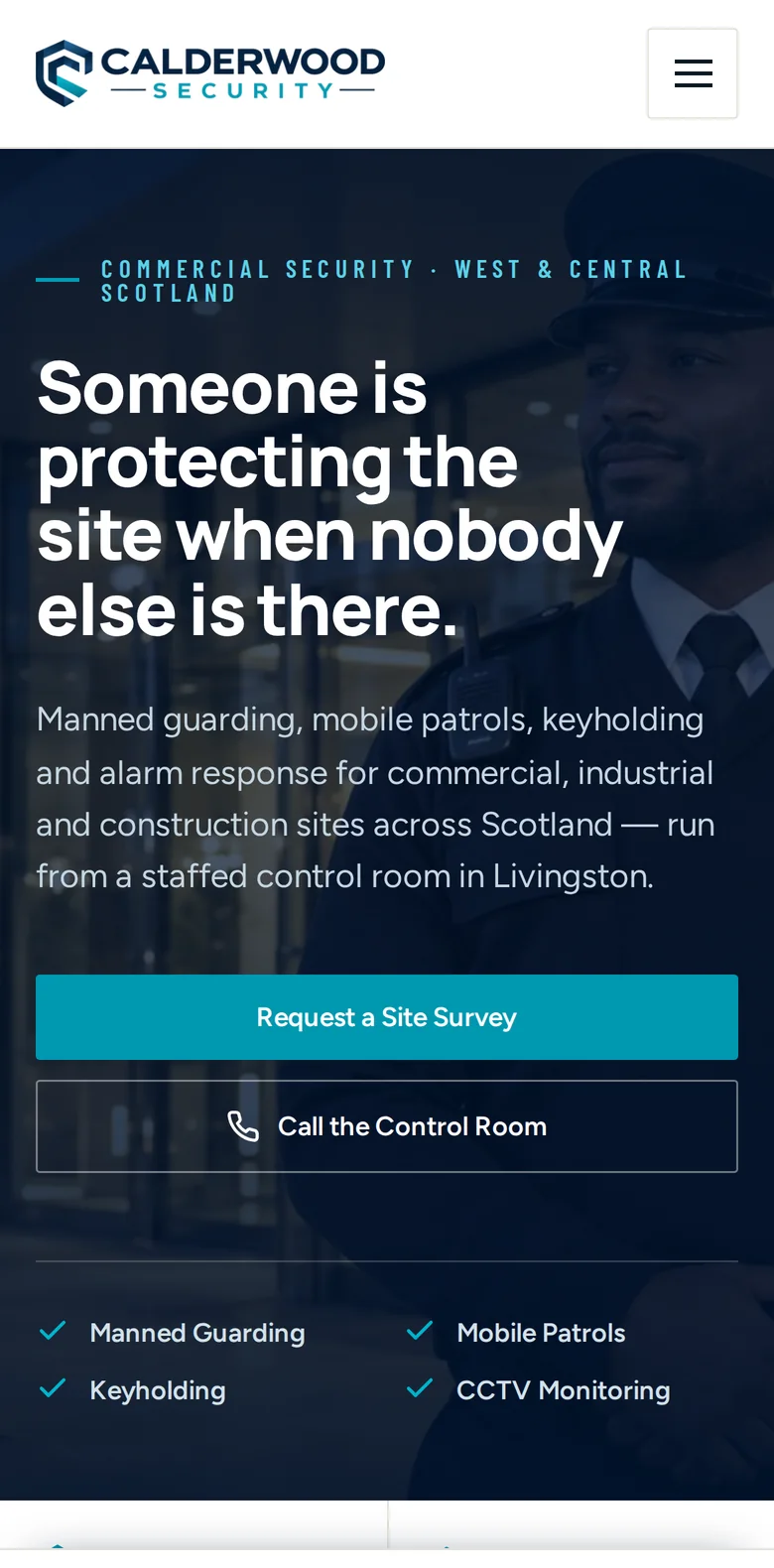 The same security website concept on a phone, with the headline, service summary and both calls to action stacked and readable without zooming.