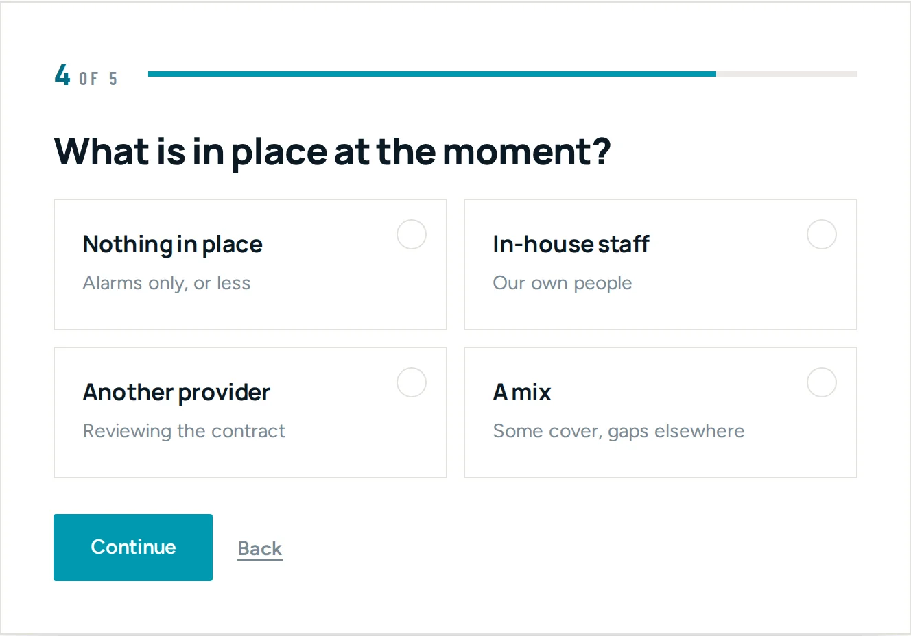 A five-step site survey on a security company website, showing step four asking what security arrangement is currently in place, with four choices: nothing in place, in-house staff, another provider, or a mix.