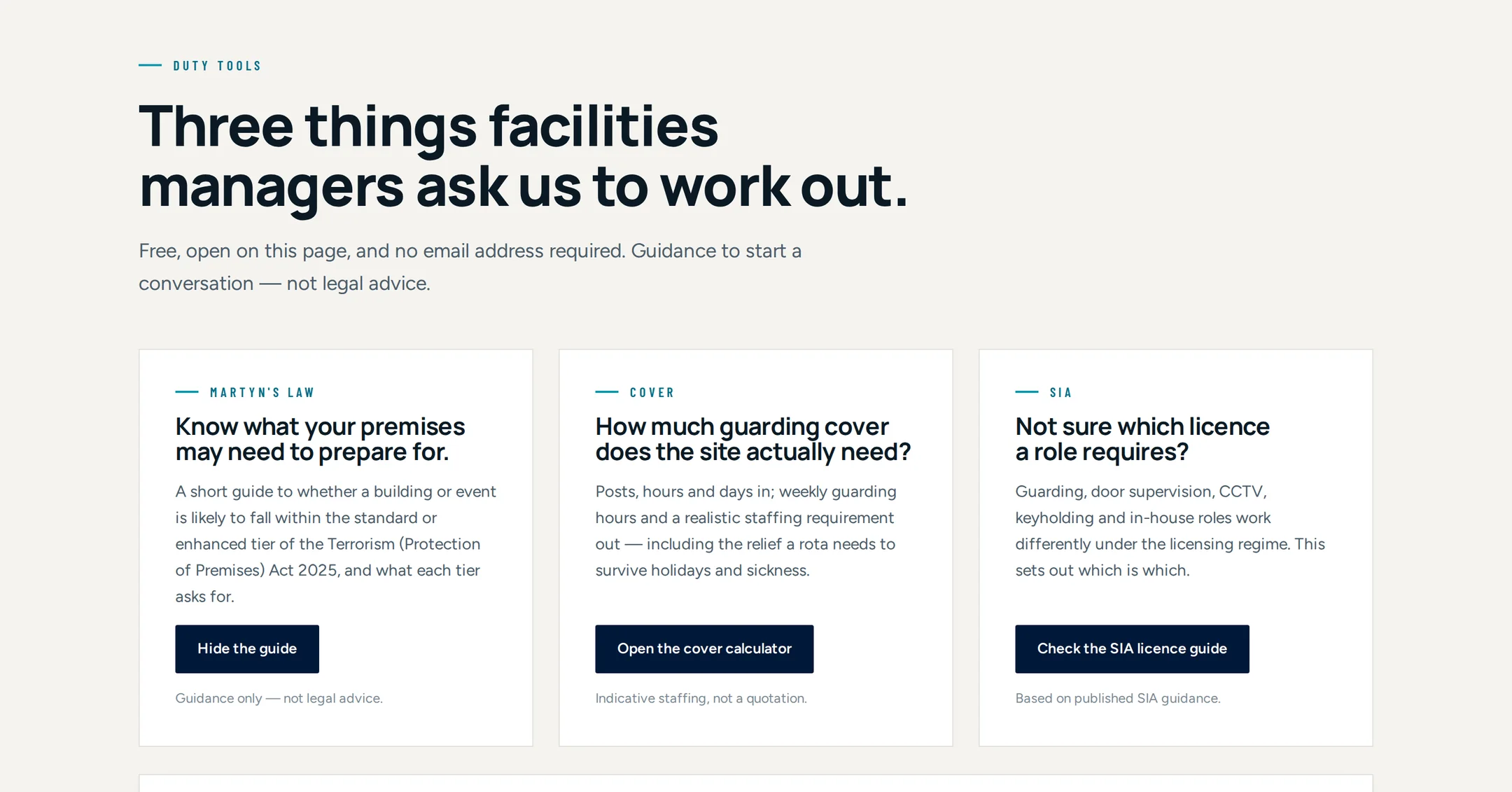 Three duty tools side by side on the security website concept: a Martyn's Law tier guide, a guarding cover calculator, and an SIA licence guide, each with its own disclaimer that it is guidance rather than legal advice or a quotation.