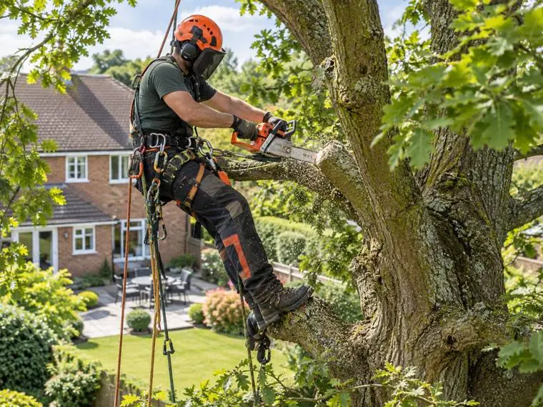A climber in helmet, visor and ear defenders working on rope and harness in the crown of an oak, making a cut with a top-handled chainsaw above a garden.