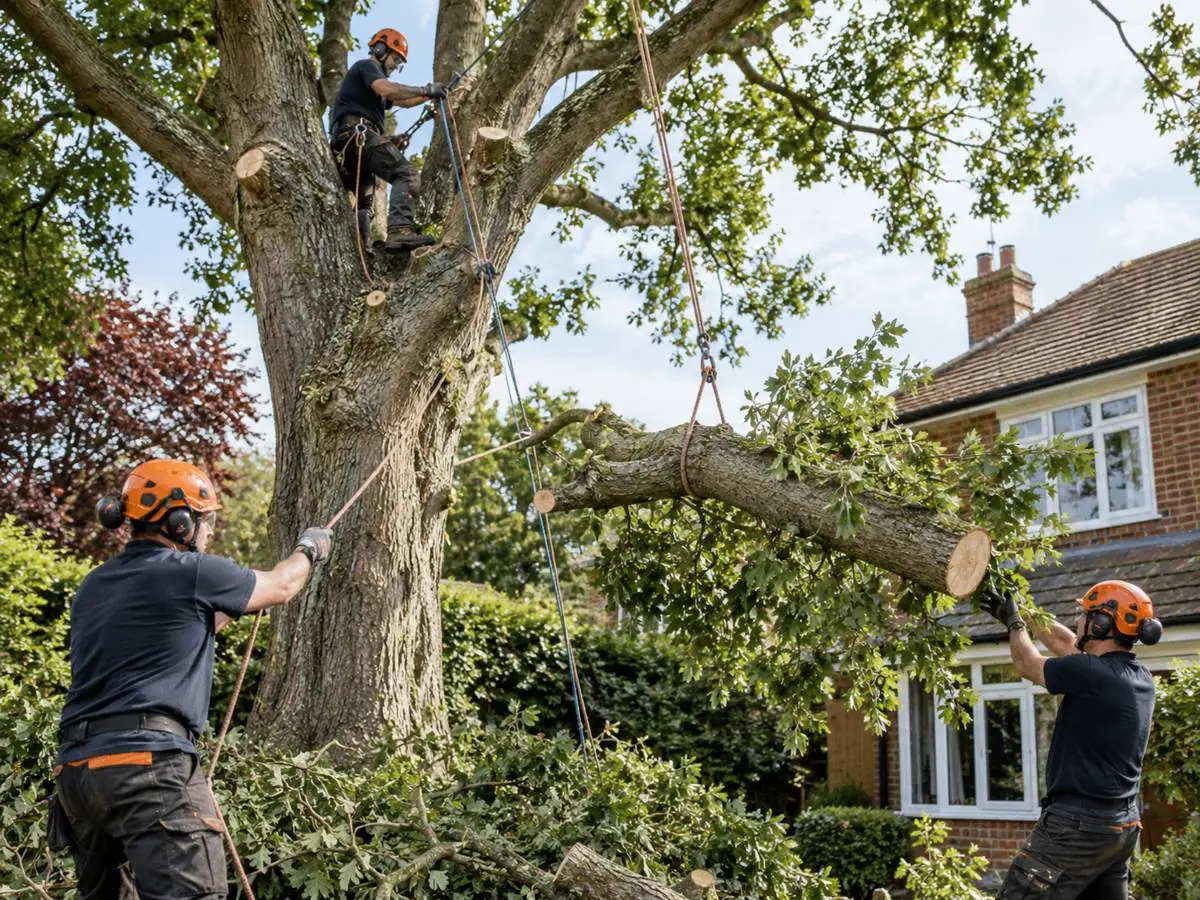 A three-person tree surgery crew dismantling a large tree beside a house: a climber roped into the trunk, a groundsman on the lowering line, and a third guiding a cut limb down on slings clear of the roof.
