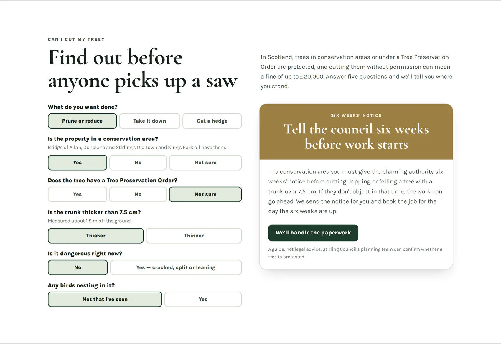 A protected-tree checker designed by Central Systems: six questions covering the work wanted, conservation area, preservation order, trunk thickness, danger and nesting birds, returning a panel headed tell the council six weeks before work starts.