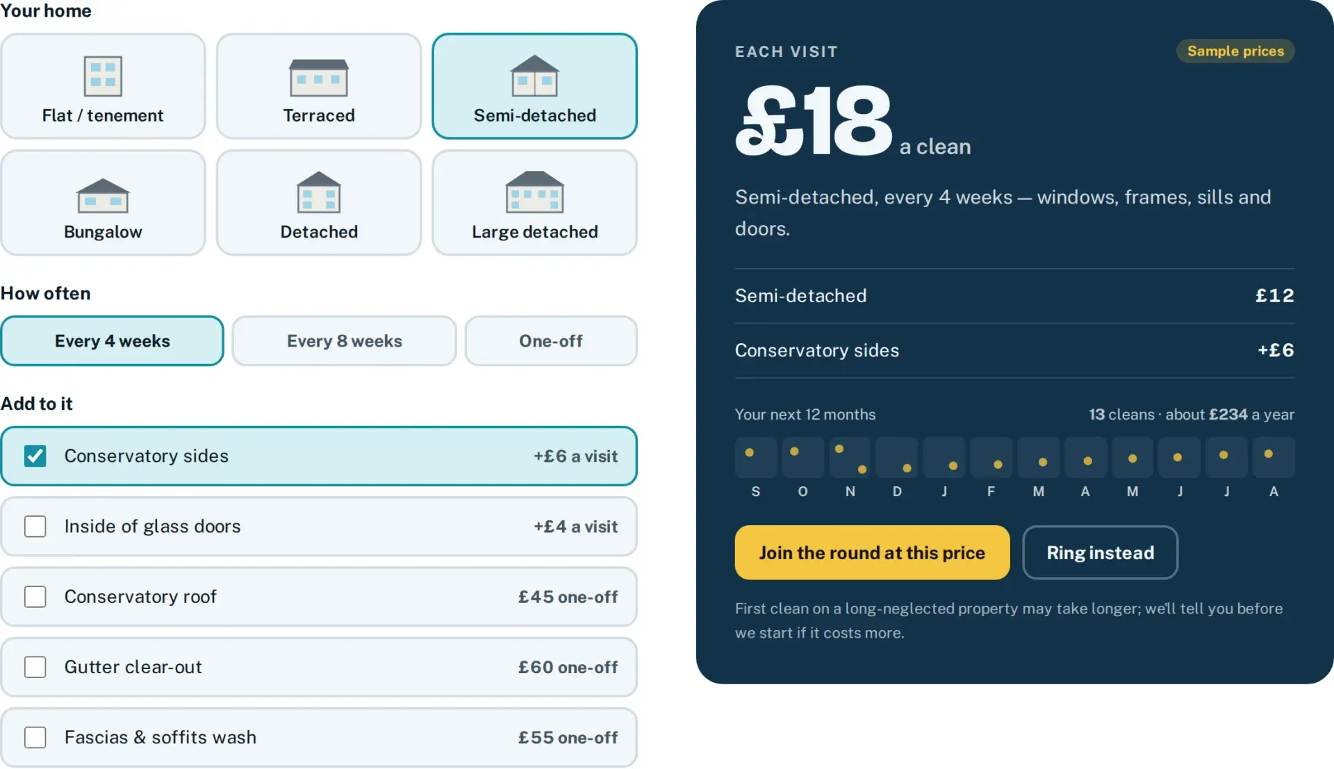 A window cleaning price tool designed by Central Systems: property types shown as illustrated tiles, a frequency choice and a list of add-on services on the left, with a running price per visit, an itemised breakdown and a twelve-month visit calendar on the right.